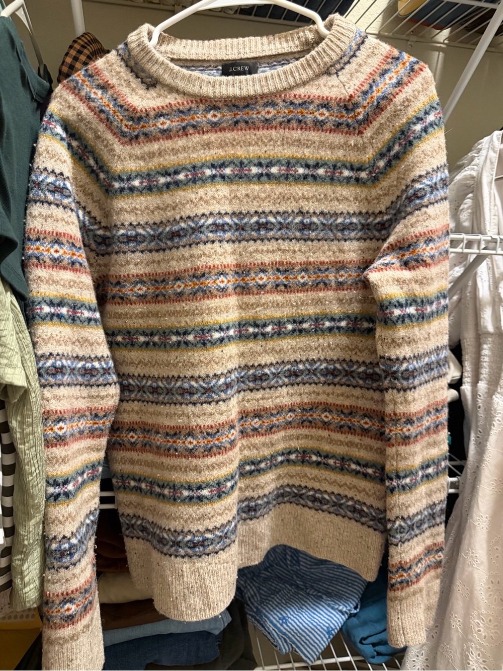 J. Crew Cream Fair Isle Crewneck Sweater with Blue & Green Accents